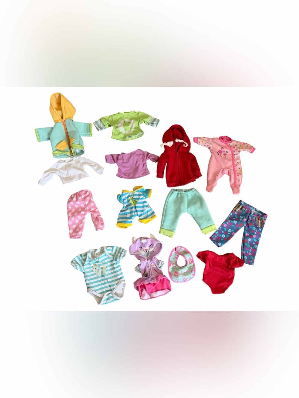 14 Pc Baby Doll Clothes Lot Fits 12"-14" Dolls Hoodie Pajamas Dresses Bib Outfit